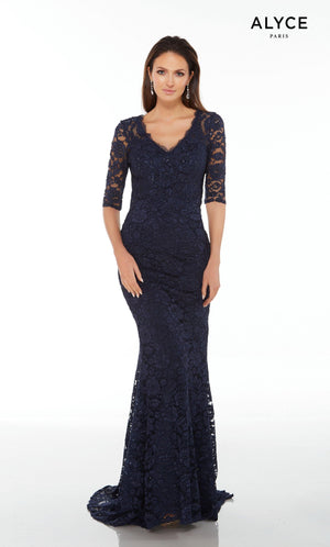 Long Midnight Blue lace guest of wedding dress with sleeves and a V-neckline