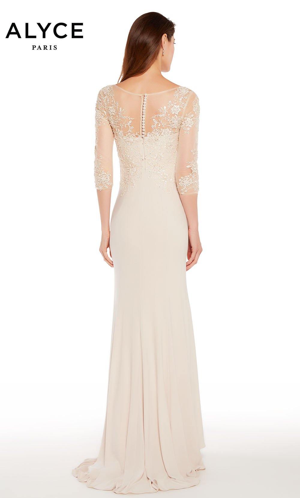 Alyce 27257 long gown with a sheer embroidered button up back