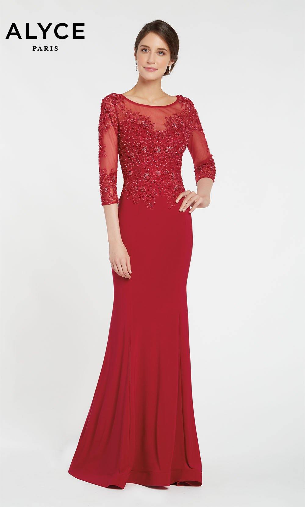 Red jersey bodycon trumpet dress with an illusion sweetheart neckline and sleeves