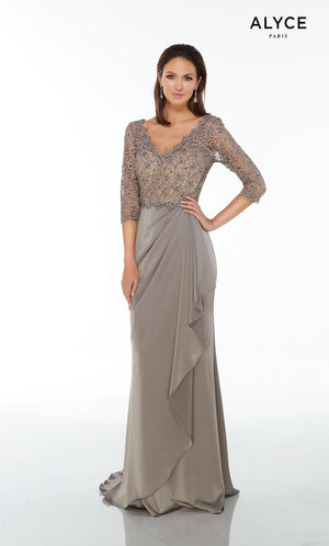 Stretch Crepe-Lace evening gown with sleeves and a waterfall skirt in Charcoal Grey