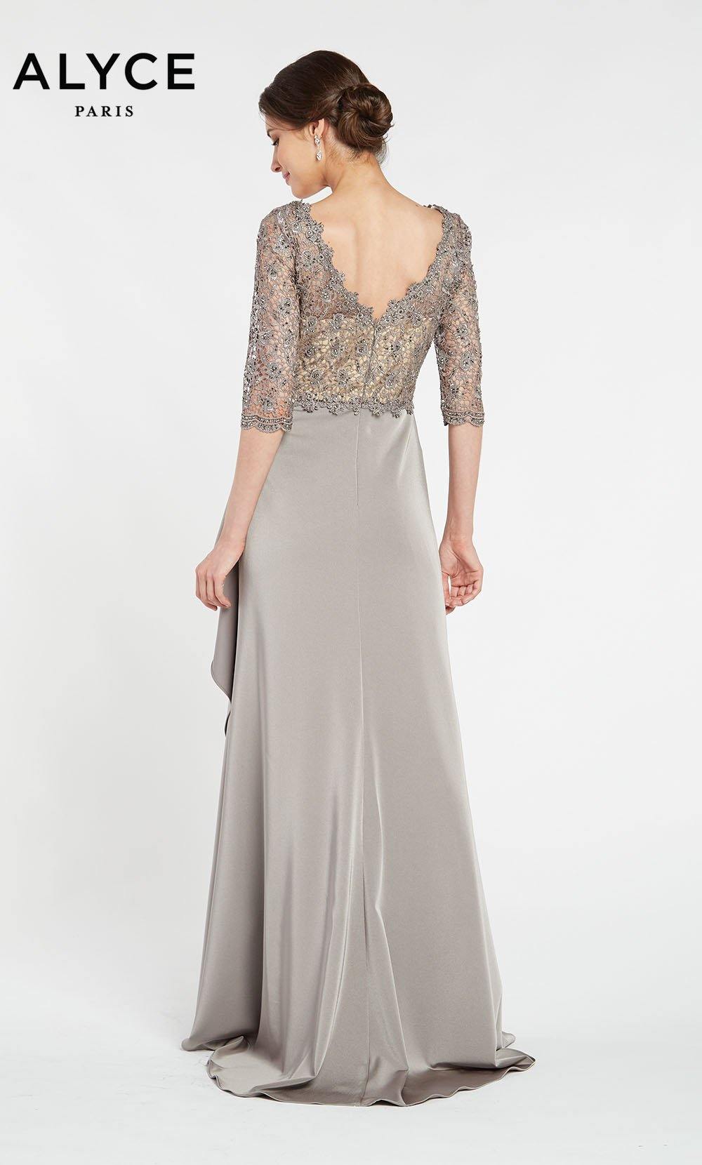 Stretch Crepe-Lace evening gown with sleeves and a waterfall skirt in Charcoal Grey