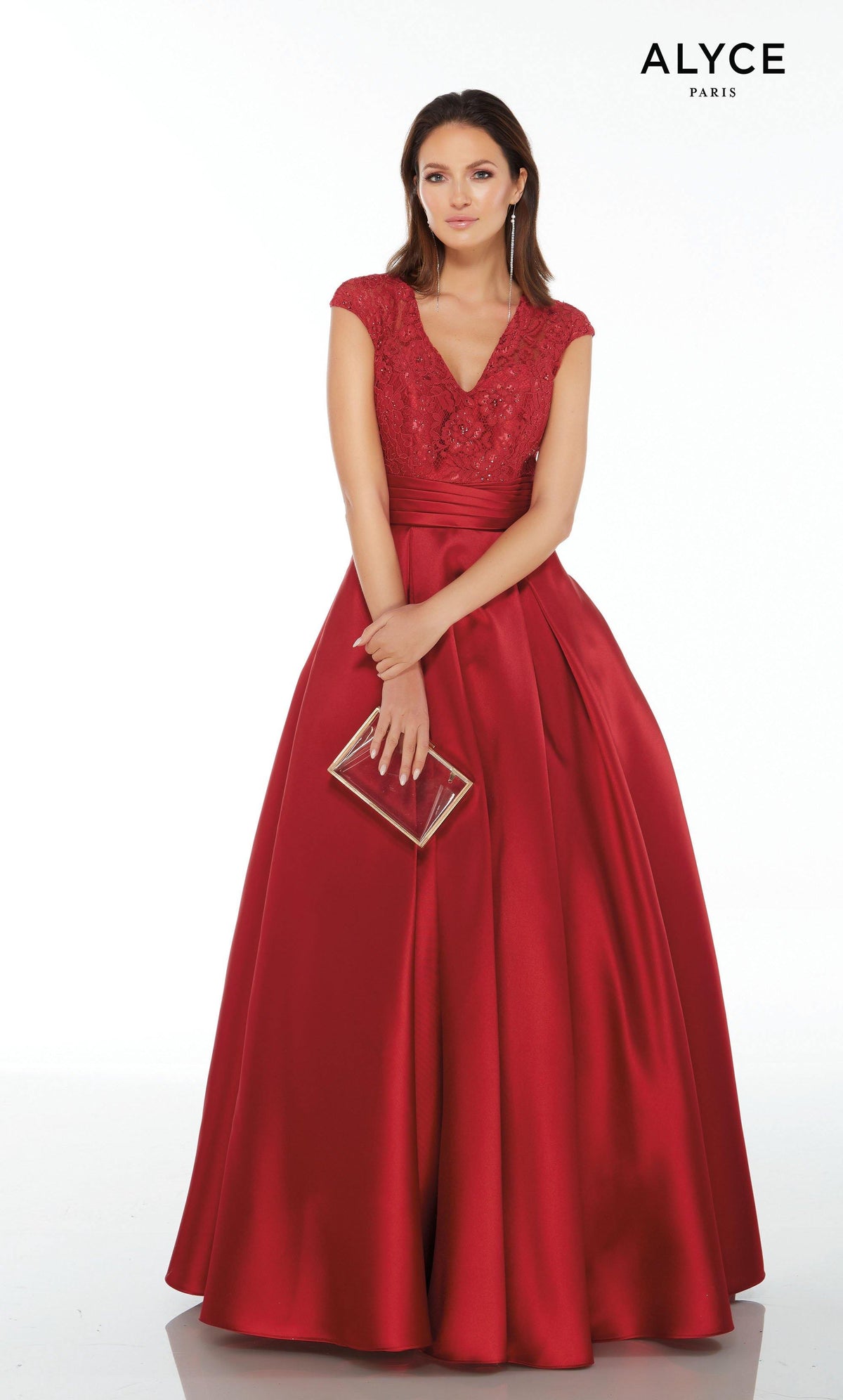 Red mikado formal ball gown with a V-neckline, lace bodice, and cap sleeves