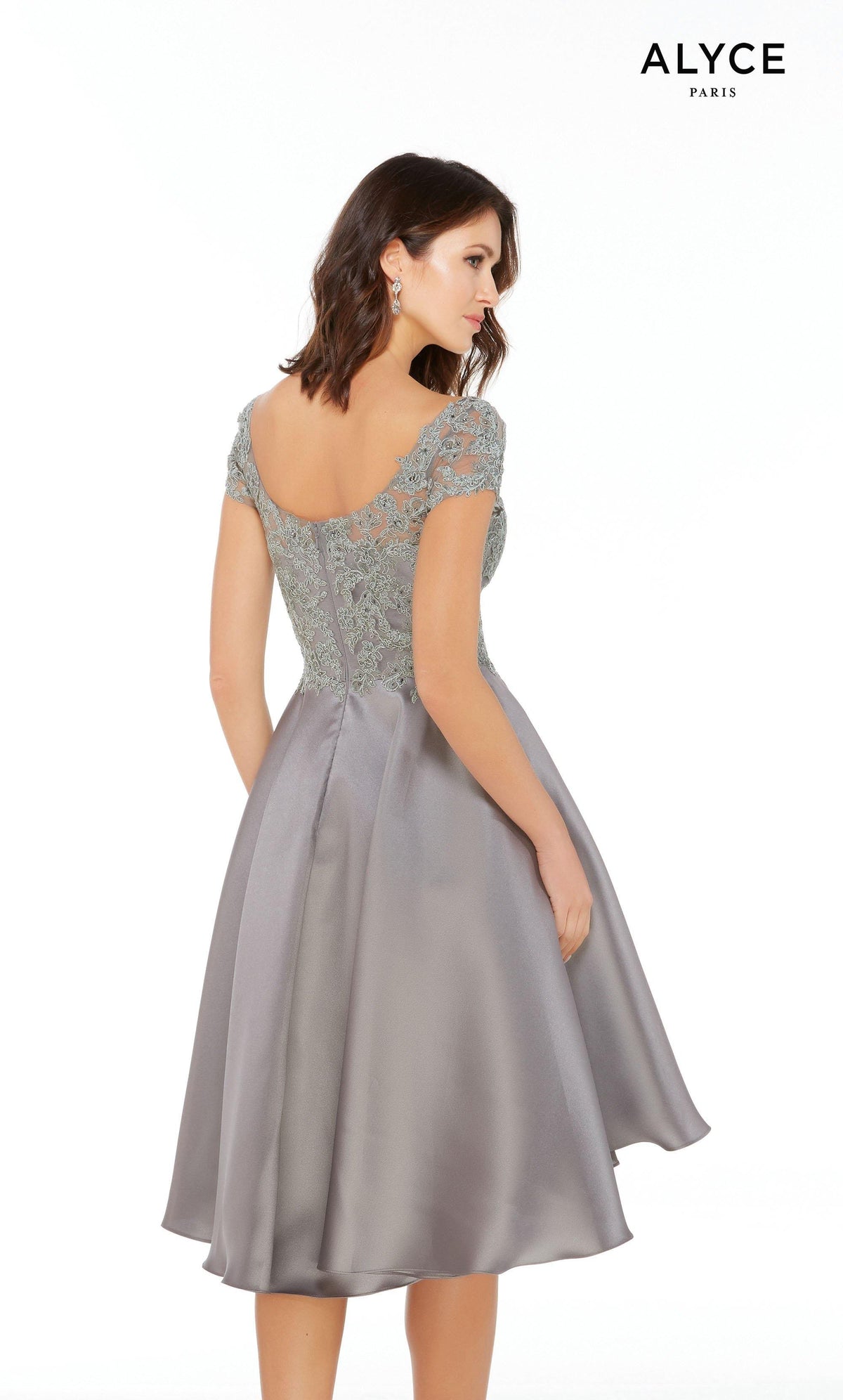 Grey Mikado high-low elegant mother of the bride dress with a scoop back, lace bodice, and short sleeves