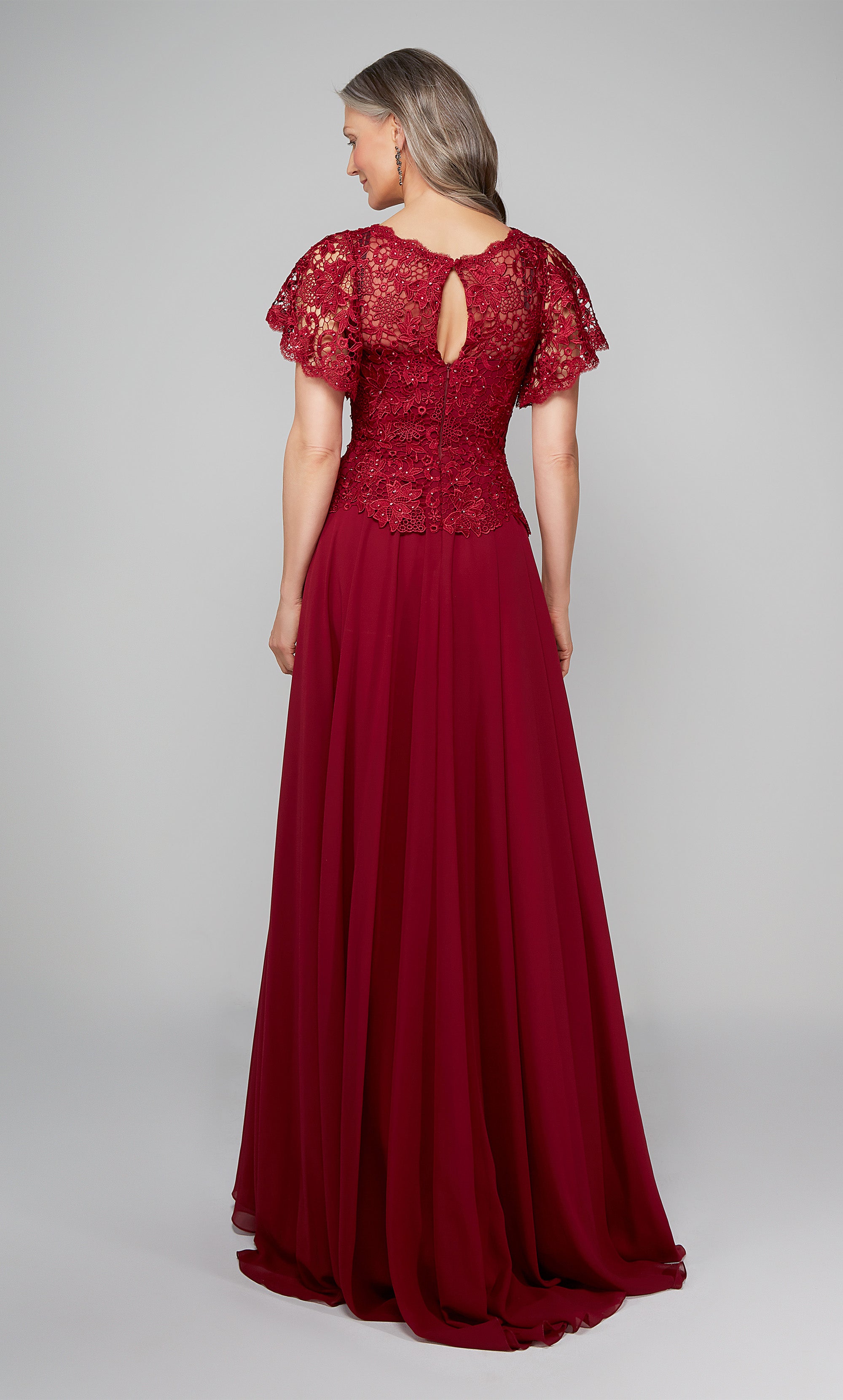 Long formal dress with lace peplum top with butterfly sleeves and a flowy chiffon skirt in wine red. COLOR-SWATCH_27469_WINE