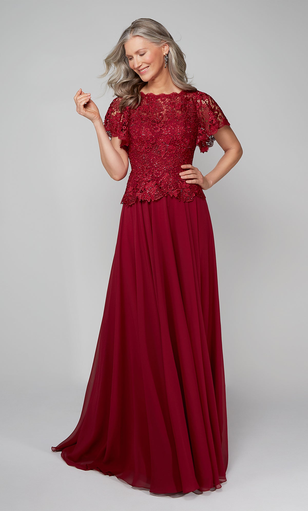 Long formal dress with lace peplum top with butterfly sleeves and a flowy chiffon skirt in wine red. COLOR-SWATCH_27469_WINE