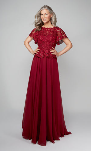 Long formal dress with lace peplum top with butterfly sleeves and a flowy chiffon skirt in wine red.