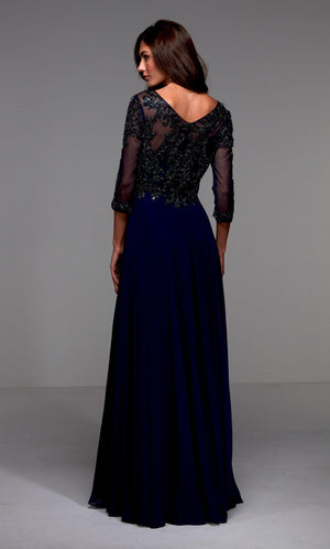 Long chiffon mother of the bride dress with sleeves and a beaded illusion back
