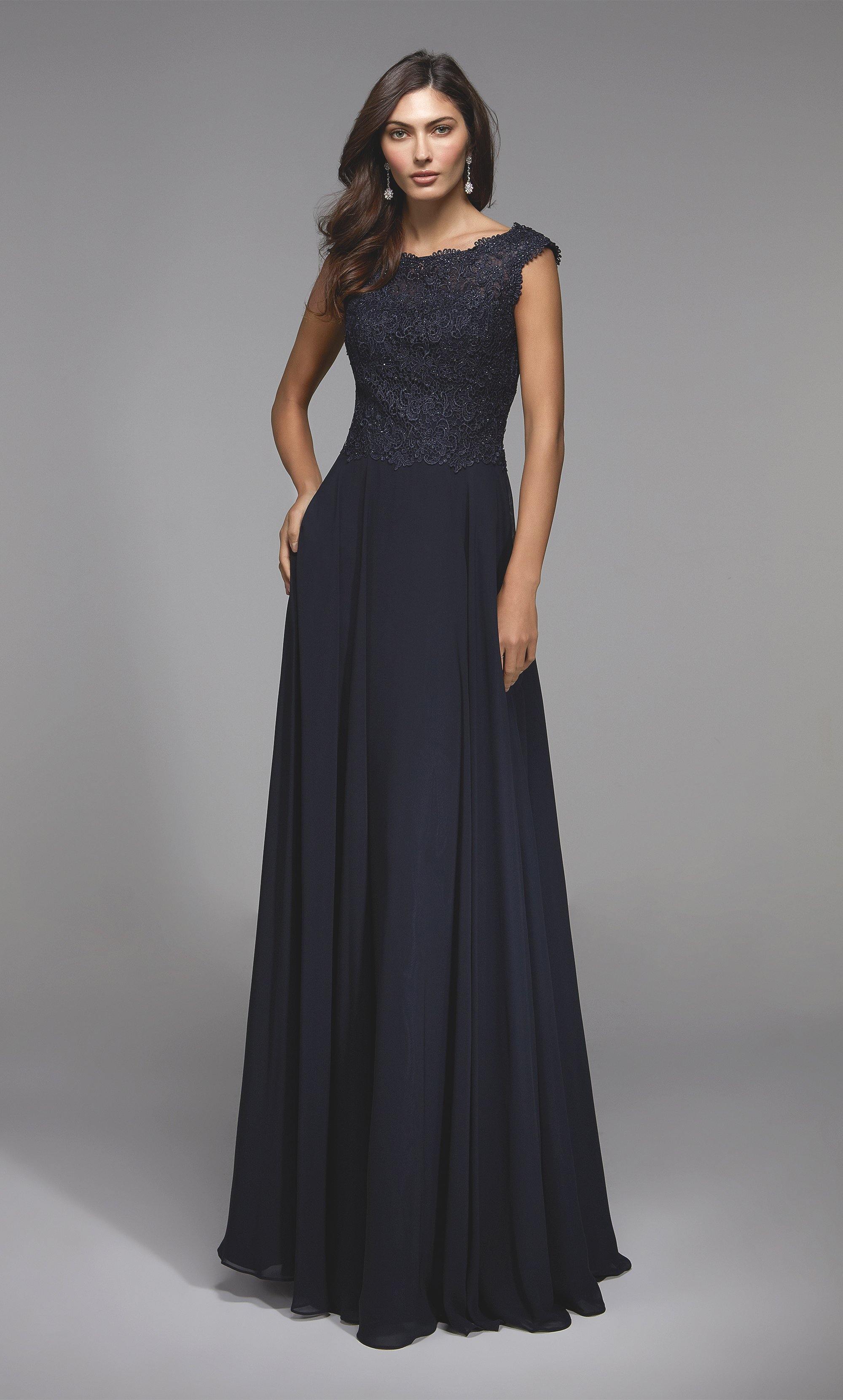 Midnight blue chiffon-lace guest of wedding dress with a scoop neck and capped sleeve