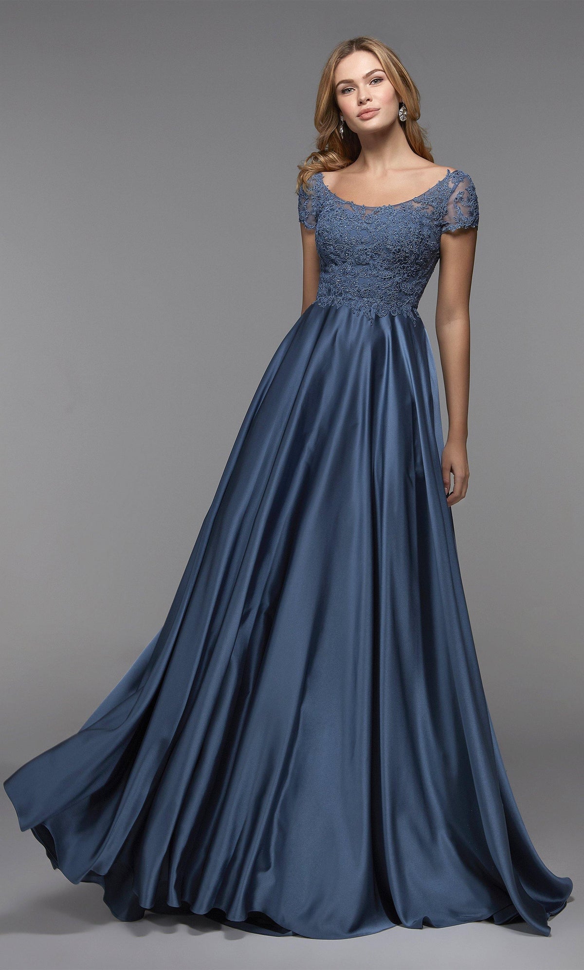 Blue satin evening dress with a scoop neck, short sleeves, and lace bodice