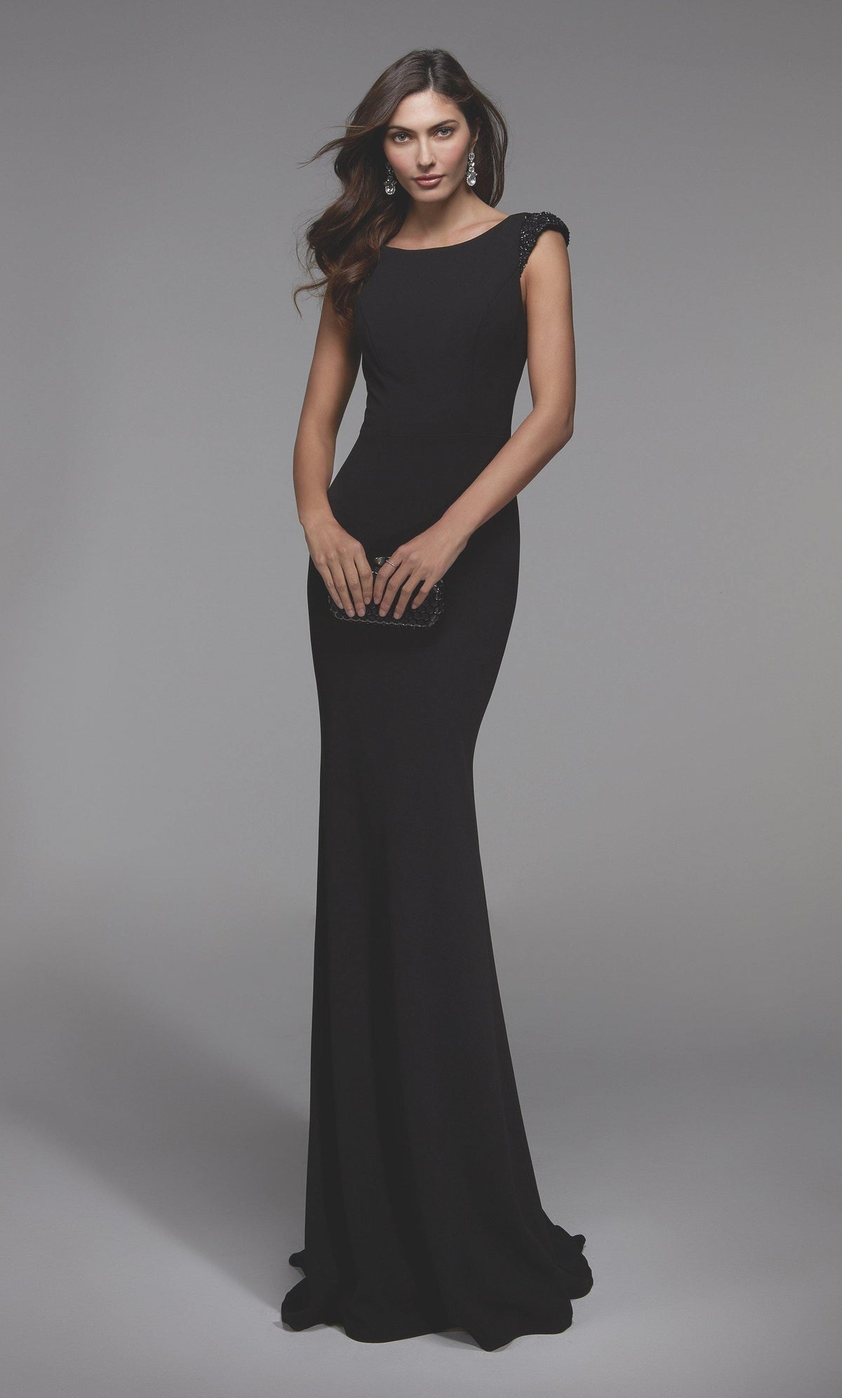 Black high scoop neck long evening dress with beaded capped sleeves