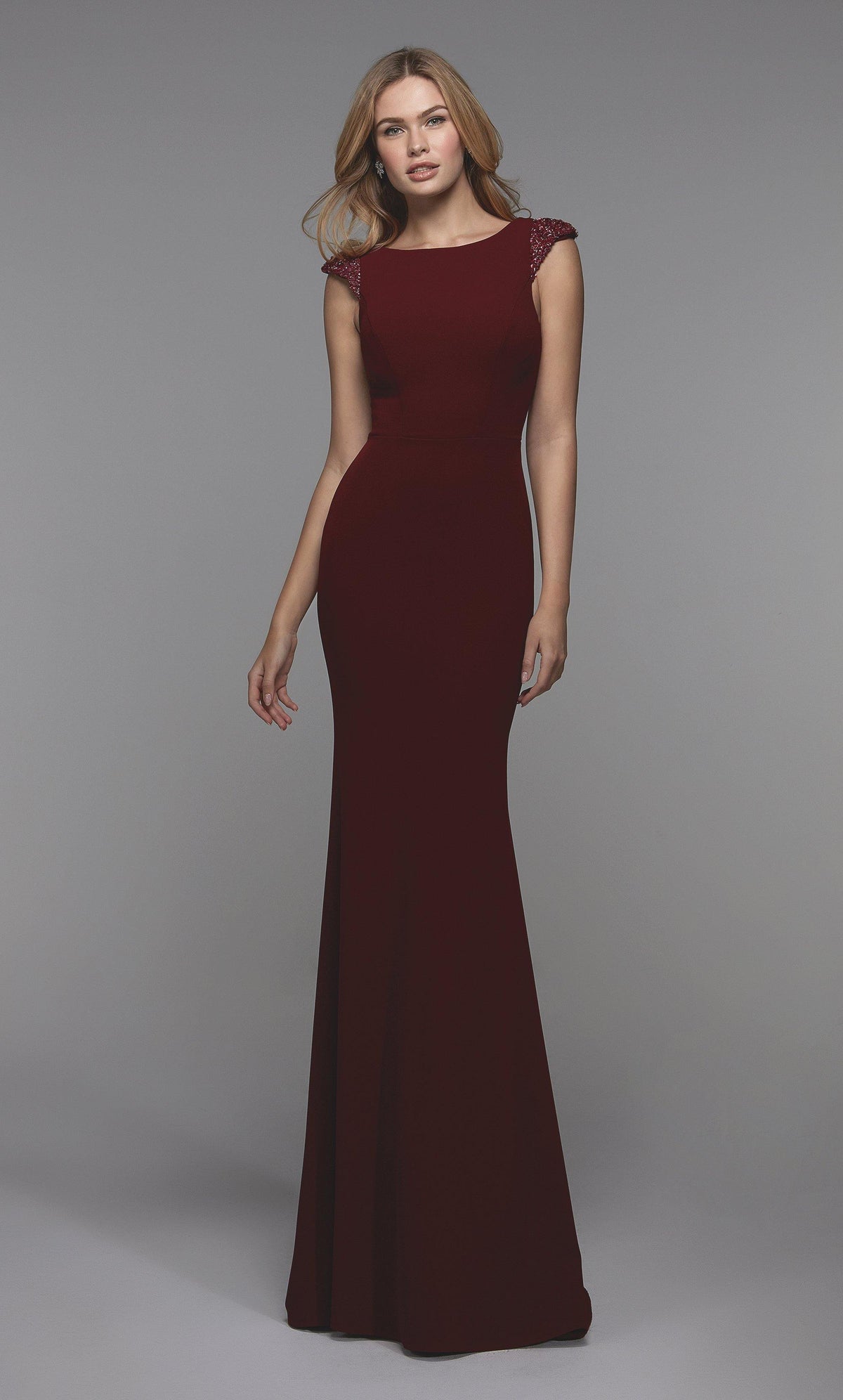 Burgundy high scoop neck long evening dress with beaded capped sleeves