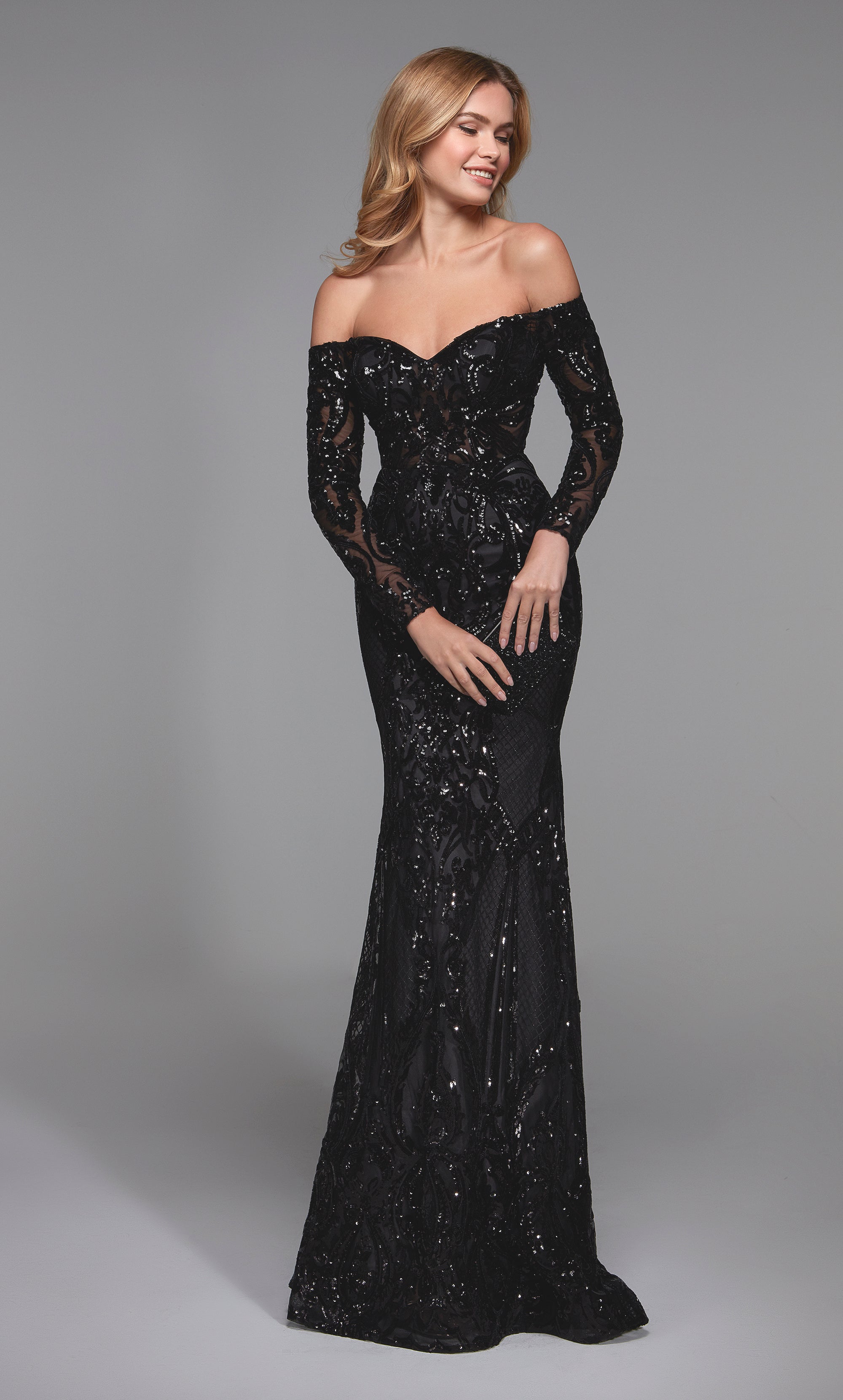 Sexy black off the shoulder evening gown with long sleeves and sequin embellishment throughout. SWATCH_27544__BLACK