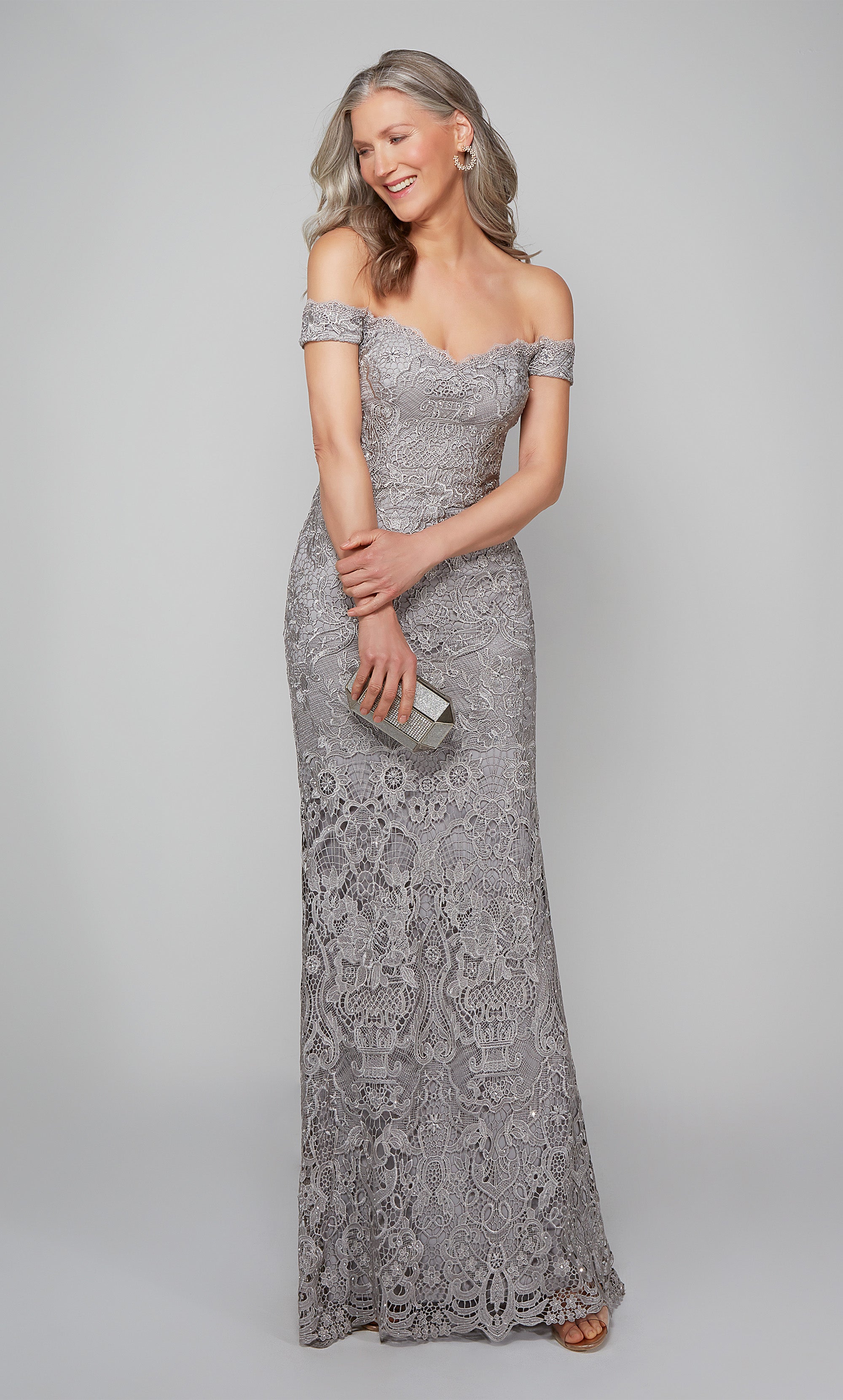 Lace off the shoulder silver wedding guest dress. COLOR-SWATCH_27553_SILVER