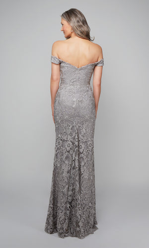 Silver lace off the shoulder mother of the bride dress with a zip up back.