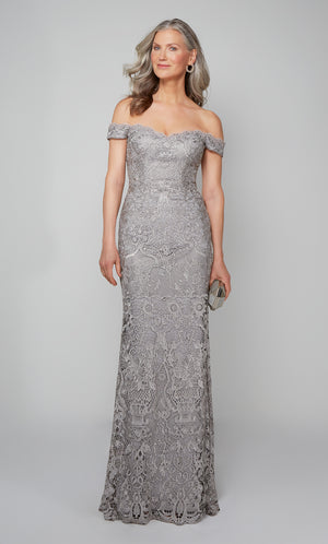 Silver lace mother of the groom dress with an off the shoulder neckline.