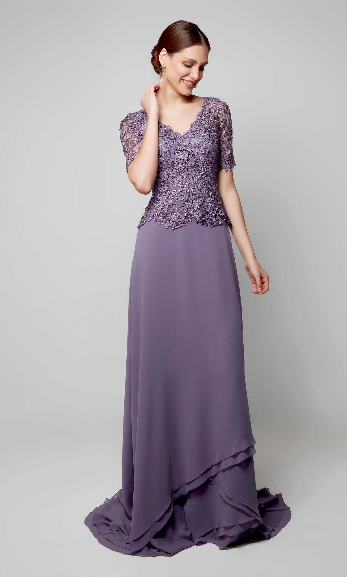 Purple special occasion dress with a lace peplum top with short sleeves and a flowy chiffon skirt. Color-SWATCH_27556__HYDRANGEA