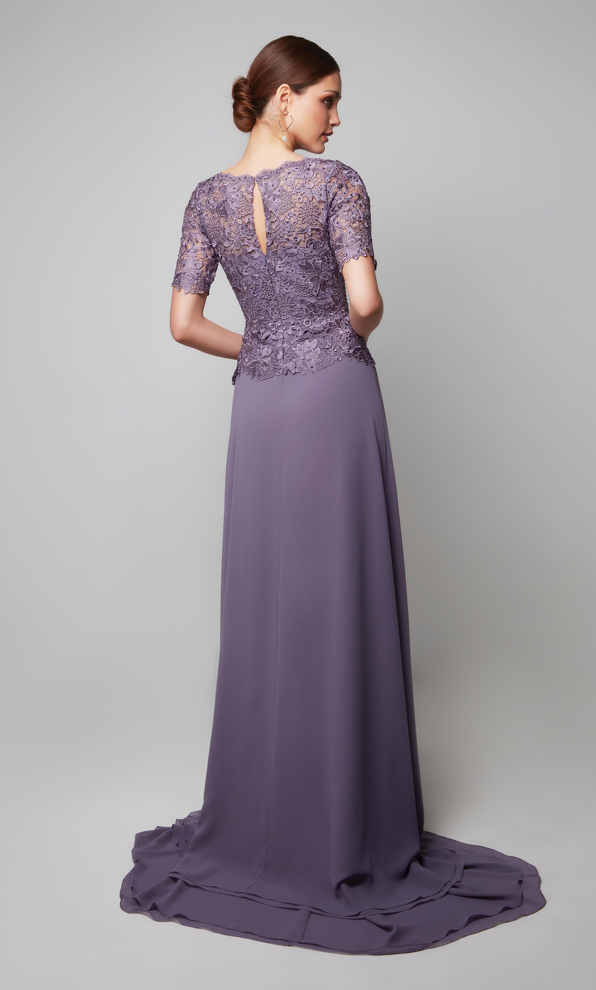 Purple special occasion dress with a lace peplum top with short sleeves and a flowy chiffon skirt. Color-SWATCH_27556__HYDRANGEA