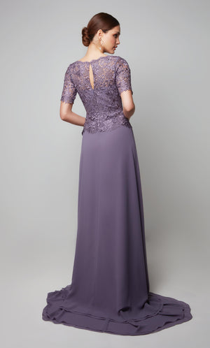 Purple special occasion dress with a lace peplum top with short sleeves and a flowy chiffon skirt with a slight train.