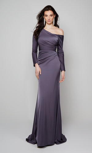 One shoulder mother of the bride dress with long sleeves in graphite. Color-SWATCH_27557__GRAPHITE