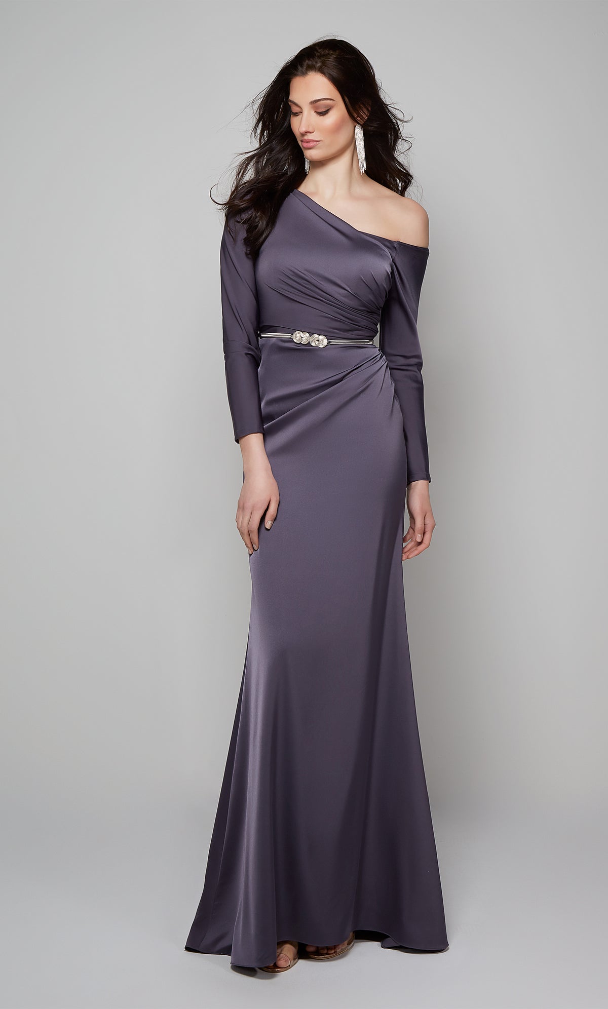 Graphite long sleeve mother of the groom dress with ruching detail.