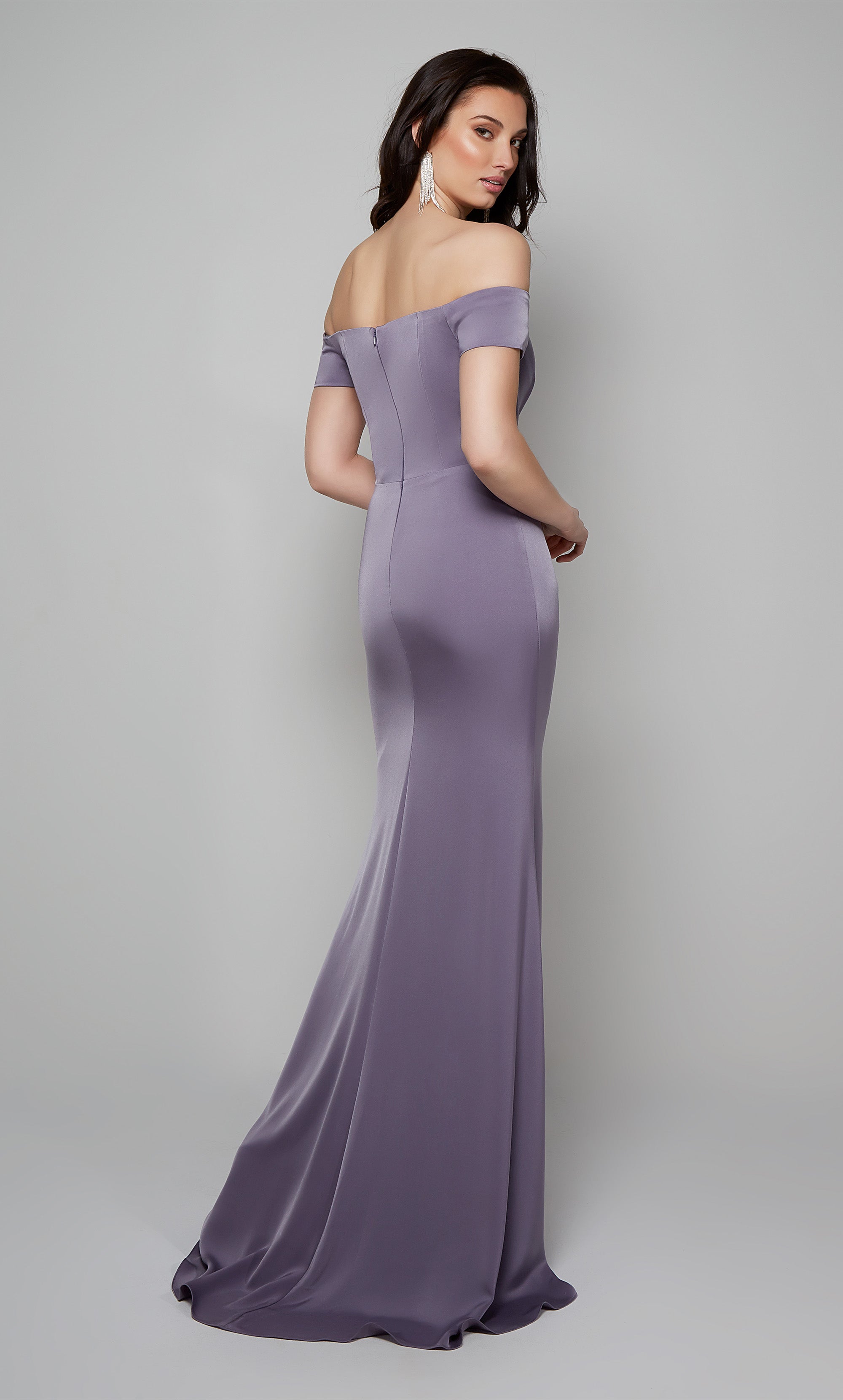 Purple off the shoulder formal dress with pleated bodice, ruching detail, and side slit. Color-SWATCH_27558__PURPLEHAZE
