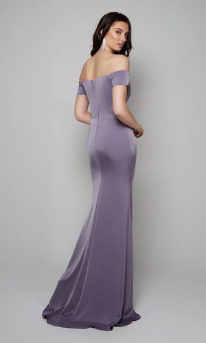 Long off the shoulder evening gown with a closed back and train.