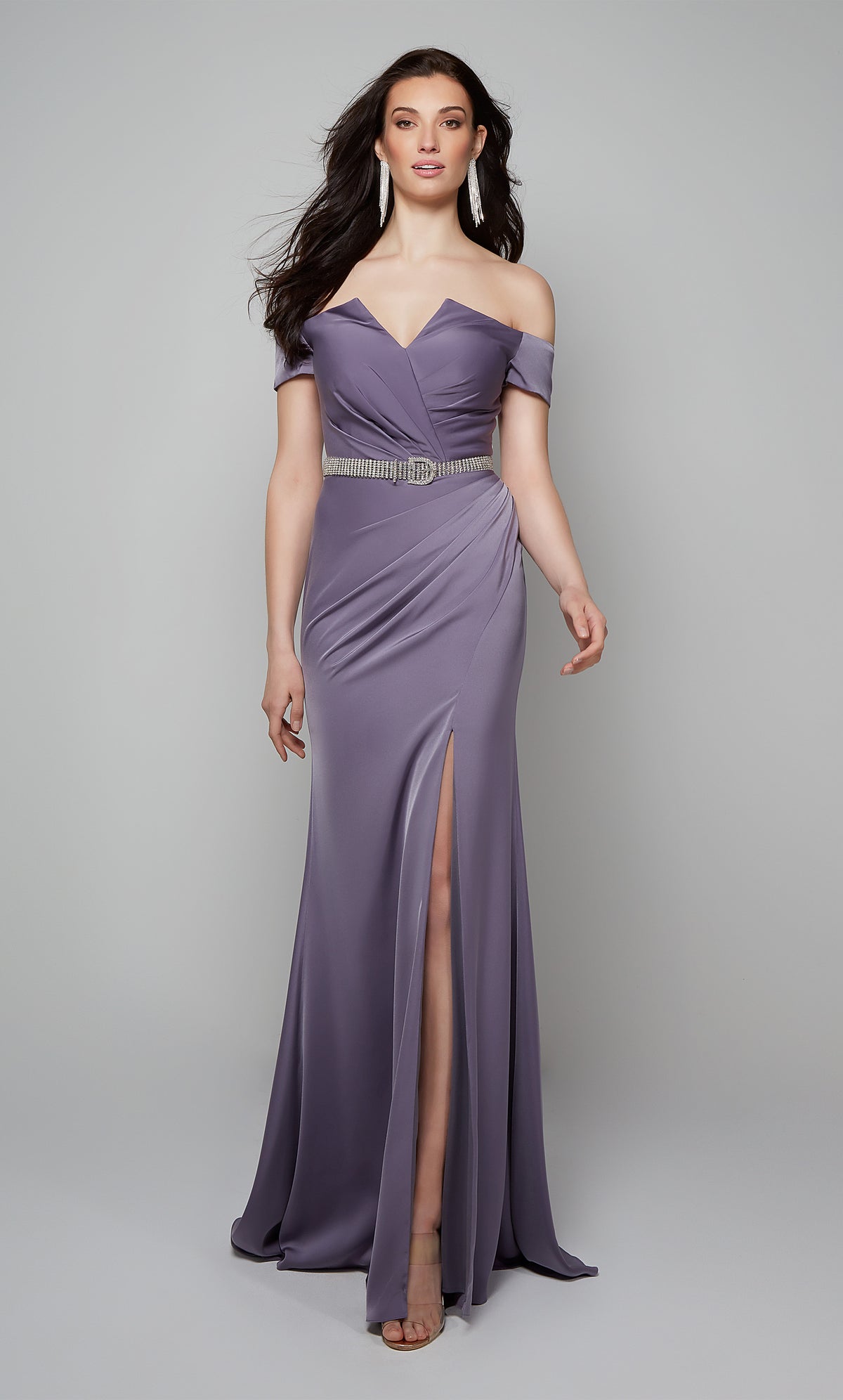 Purple off the shoulder formal dress with pleated bodice, ruching detail, and side slit.