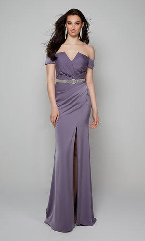 Off the shoulder mother of the bride gown with pleated bodice, ruching detail, and side slit.