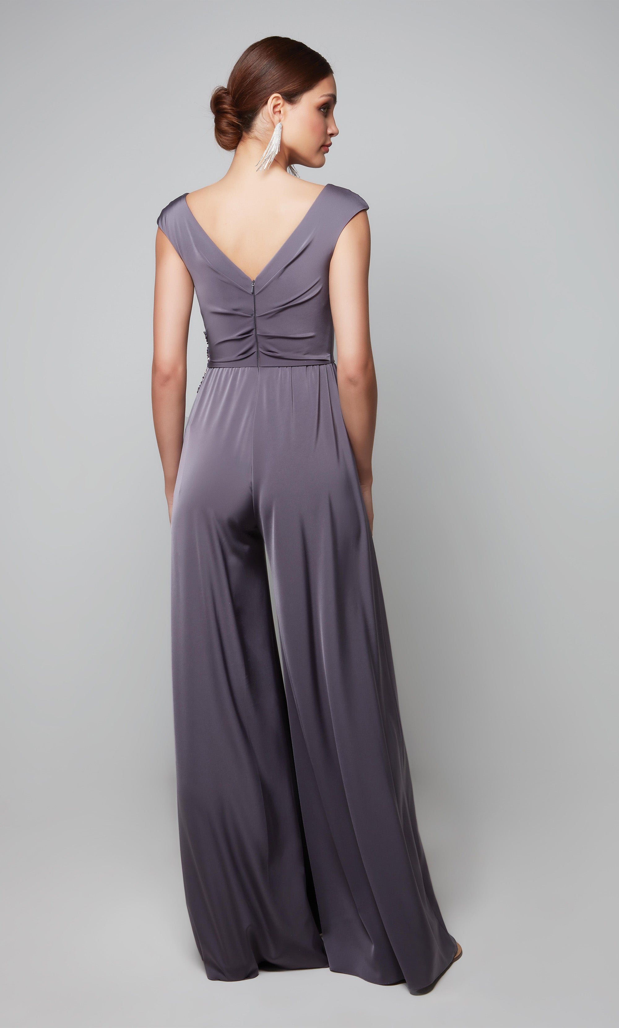 Elegant wide leg jumpsuit with cap sleeves and lace applique at the waist in graphite. Color-SWATCH_27559__GRAPHITE
