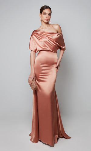 Chic one shoulder drape dress in copper color. Color-SWATCH_27560__COPPER
