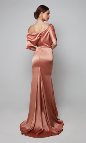 Copper one shoulder drape dress with a closed back and train.