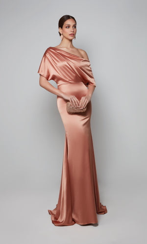 Formal off the shoulder drape dress in copper.