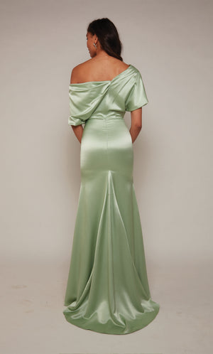 Pistachio green colored one shoulder drape dress with an closed back and train.