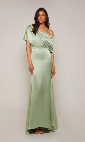 Chic one shoulder drape dress in pistachio green.