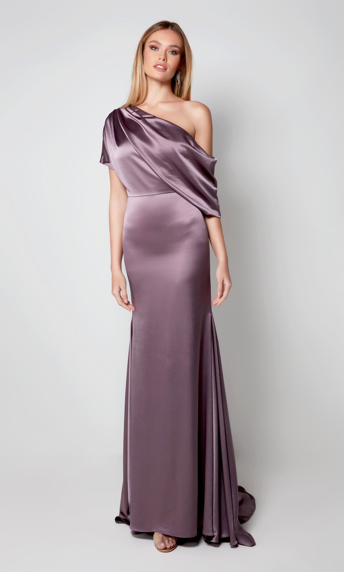 Elegant one shoulder drape dress in purple. Color-SWATCH_27560__SMOKE