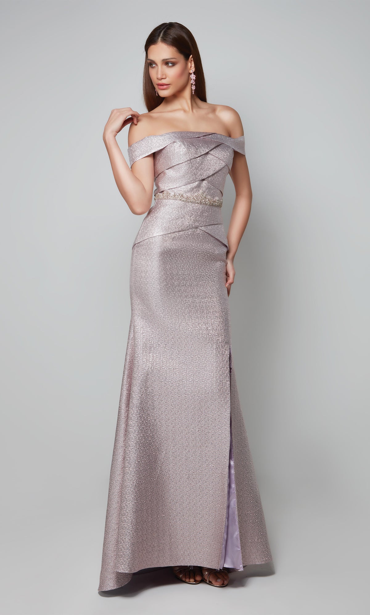 Light pink metallic off the shoulder dress with a beaded waist and side slit. Color-SWATCH_27562__PINK-ALABASTER