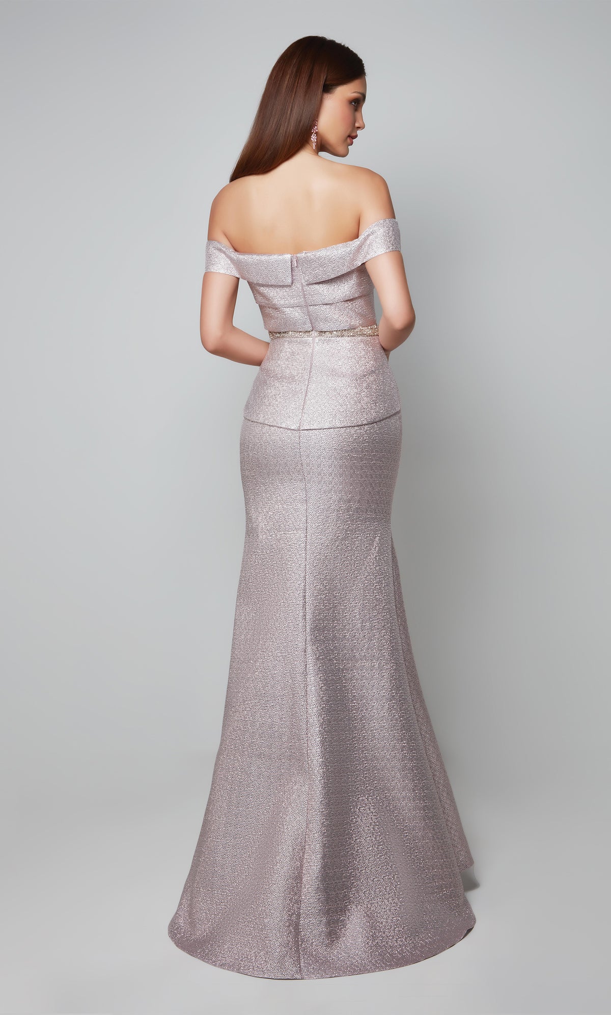 Light pink metallic off the shoulder dress with a beaded waist and train.