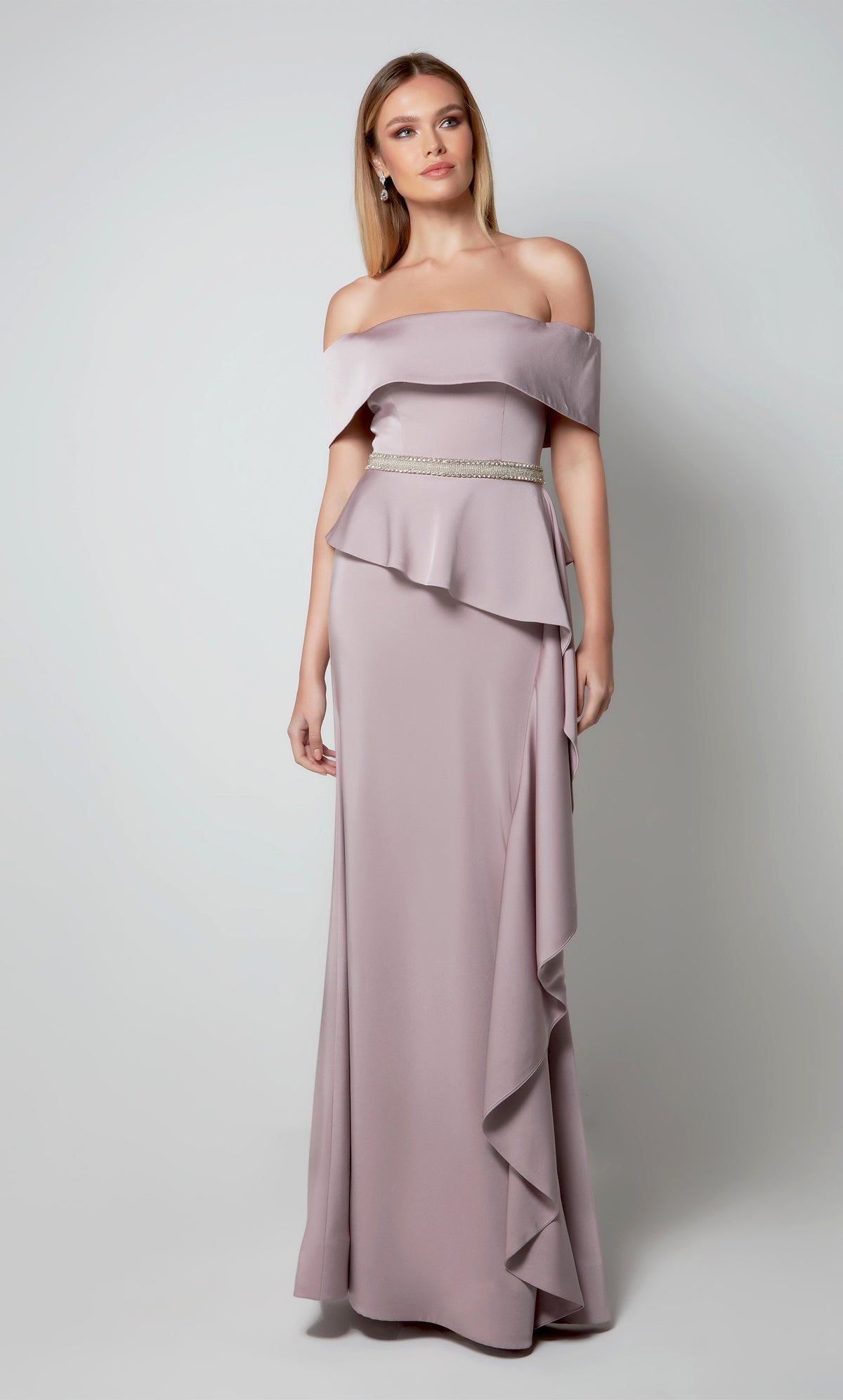 Light purple ruffle dress with an off the shoulder neckline and faux beaded belt. Color-SWATCH_27563__SOFT-HEATHER