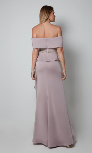 Light purple floor length ruffle dress with an off the shoulder neckline and faux beaded belt.