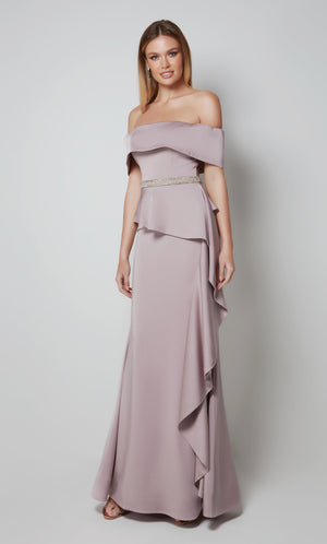 Light purple ruffle dress with an off the shoulder neckline and faux beaded belt.