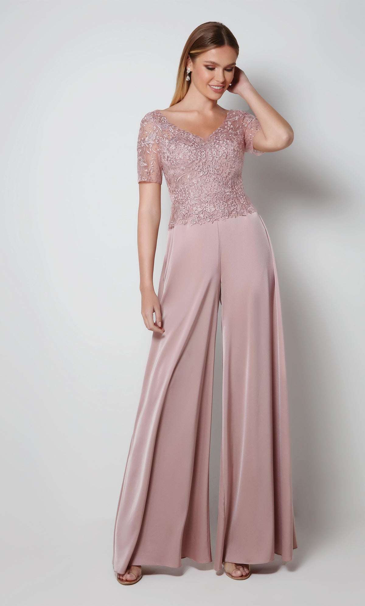 Light pink wide leg jumpsuit with a short sleeve lace bodice. Color-SWATCH_27564__CASHMERE-ROSE