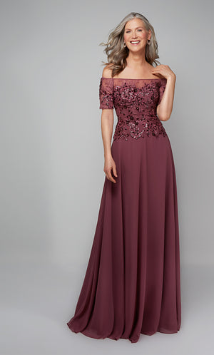 Off the shoulder chiffon formal dress with floral appliques in purple. Color-SWATCH_27566__CASSIS