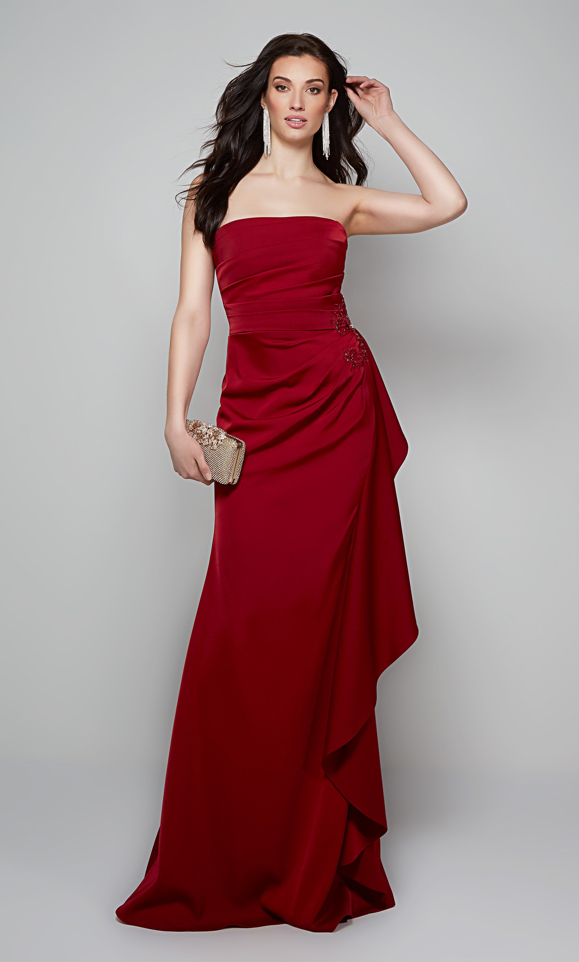 Long strapless ruffle gown with lace applique at the hip. Color-SWATCH_27569__CLARET