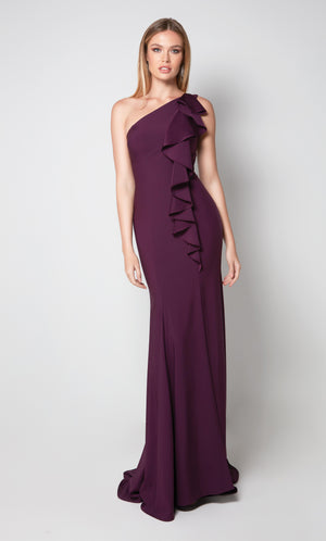 Long one shoulder ruffle dress in purple. Color-SWATCH_27575__DEEP-AMETHYST
