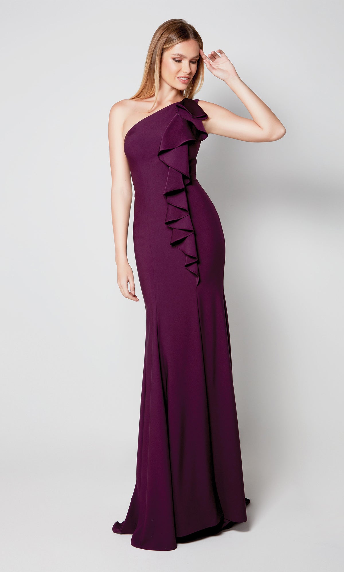 Long one shoulder mother of the bride dress with ruffle design.