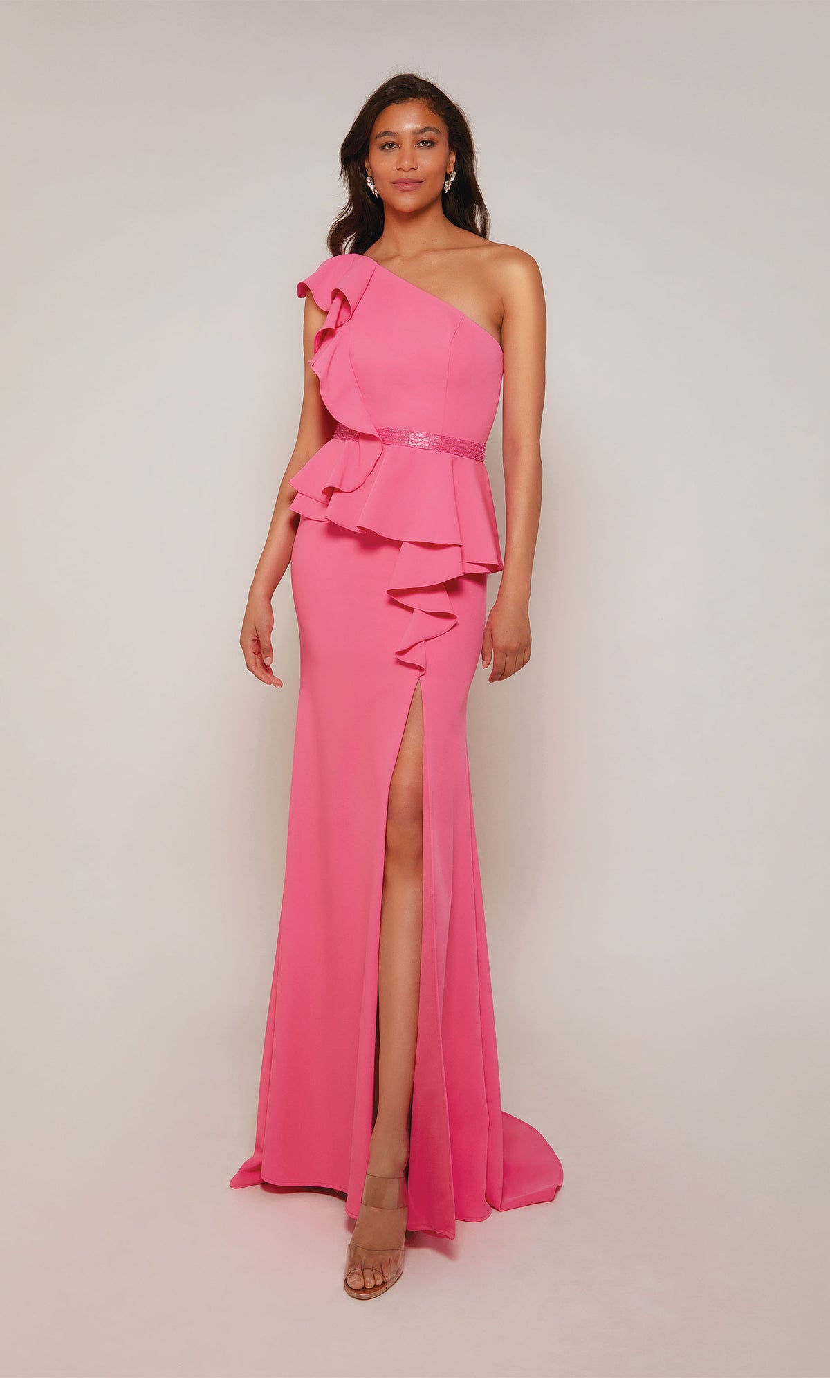 Bubblegum pink. one shoulder peplum dress with ruffle detail, faux beaded belt, and side slit. Color-SWATCH_27577__BUBBLEGUM
