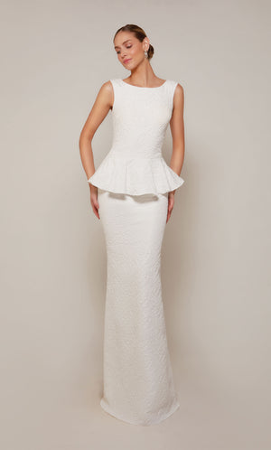Diamond white peplum mother of the bride dress crafted from an exquisite Jacquard fabric.
