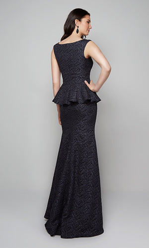 Midnight blue peplum mother of the bride dress with a closed back and train.