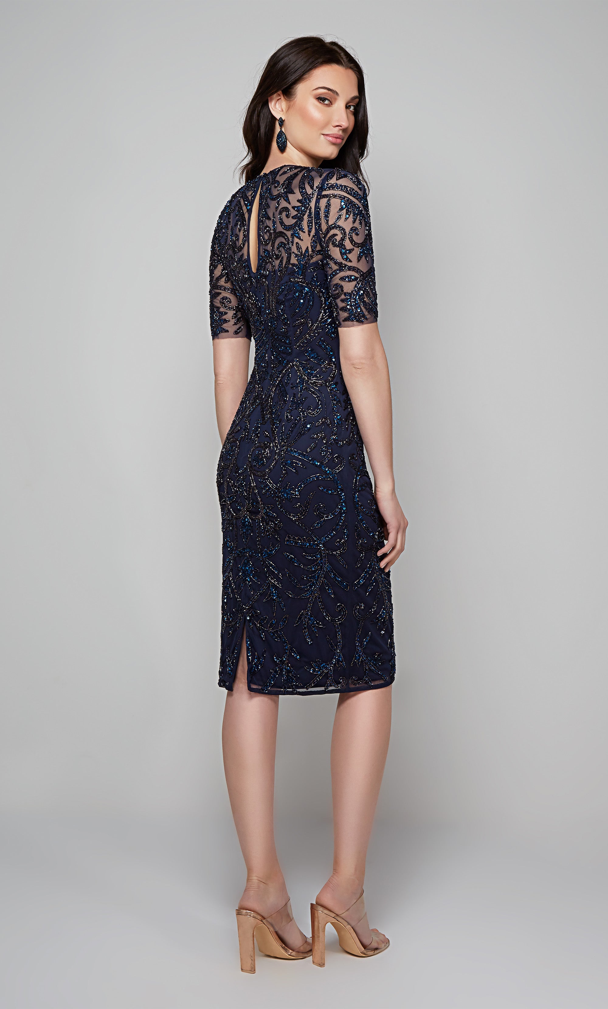 Embellished midi dress with short sleeves in midnight blue. Color-SWATCH_27583__MIDNIGHT