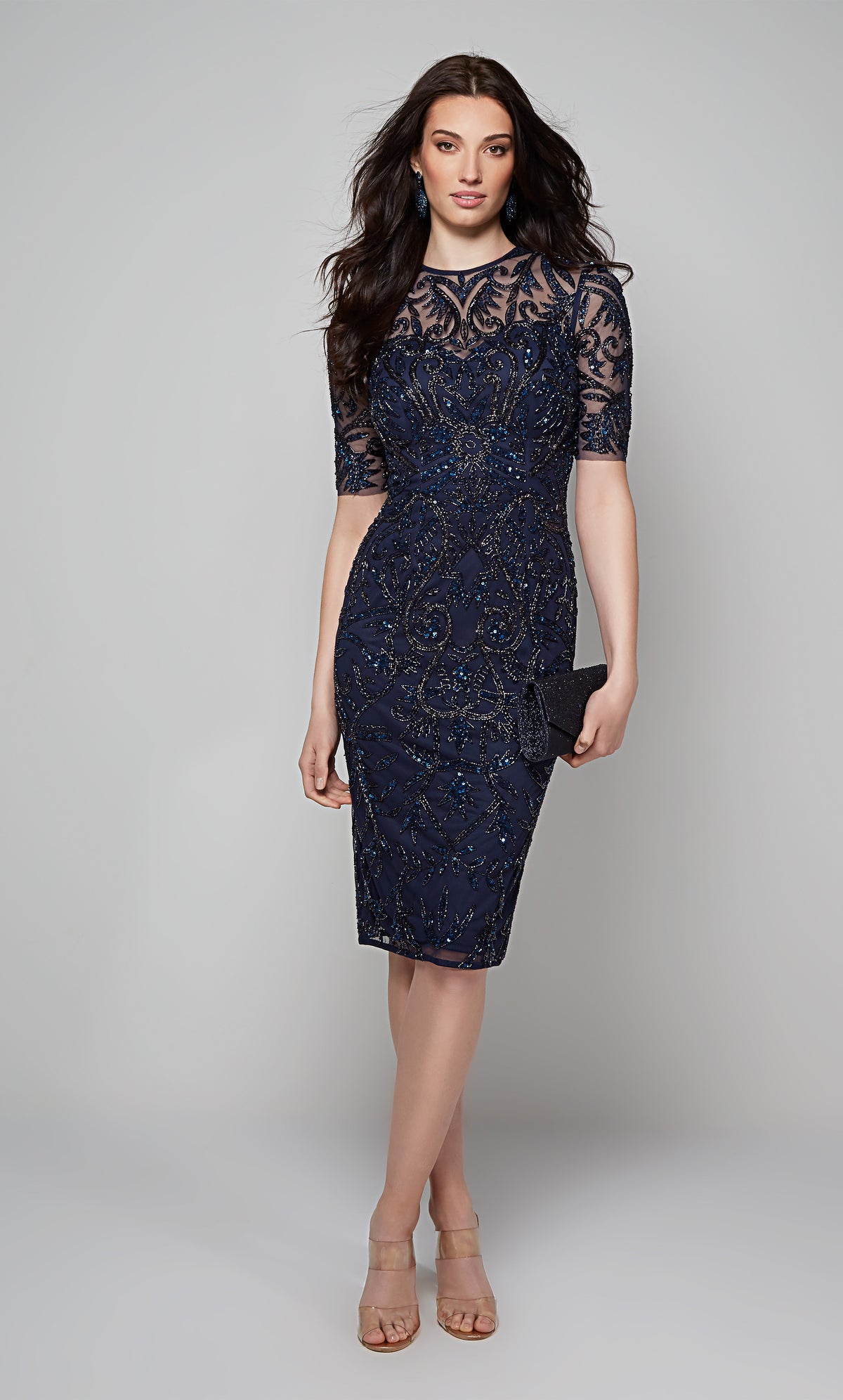 Embellished cocktail dress with short sleeves in midnight blue.